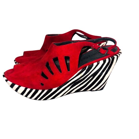Vaneli Red Suede Open-Toe Zebra Wedge Heel Sandals Cut-Out 8 Glam City Mob wife - Picture 2 of 10